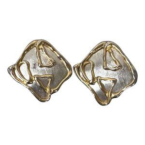 PARK LANE Vintage Modern Square Two Tone Clip On Earrings Gold Silver Abstract